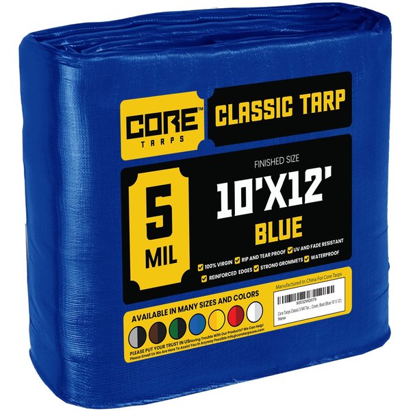 Core Tarps 12 ft L x 0.5 mm H x 10 ft W Heavy Duty 5 Mil Tarp, Blue, Polyethylene CT-505-10X12